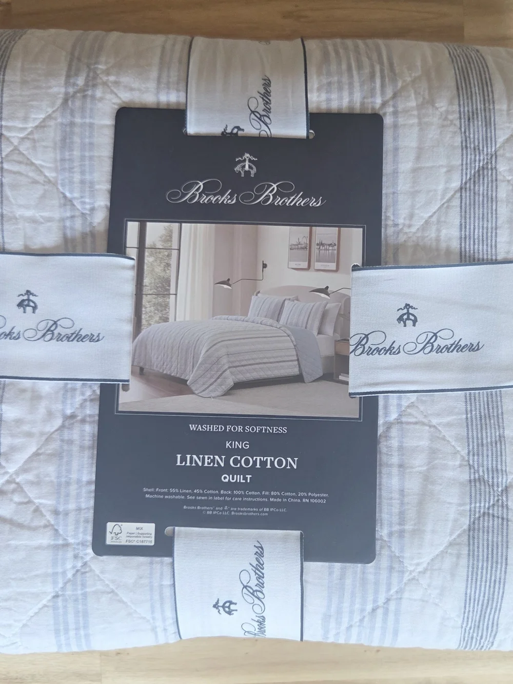 Brooks Brothers King Linen Cotton Quilt - White with Blue Stripe
